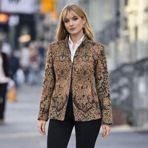 Tapestry Open Front Blazer Jacket Womens Size Medium Carpet Bag Multicolor Vtg